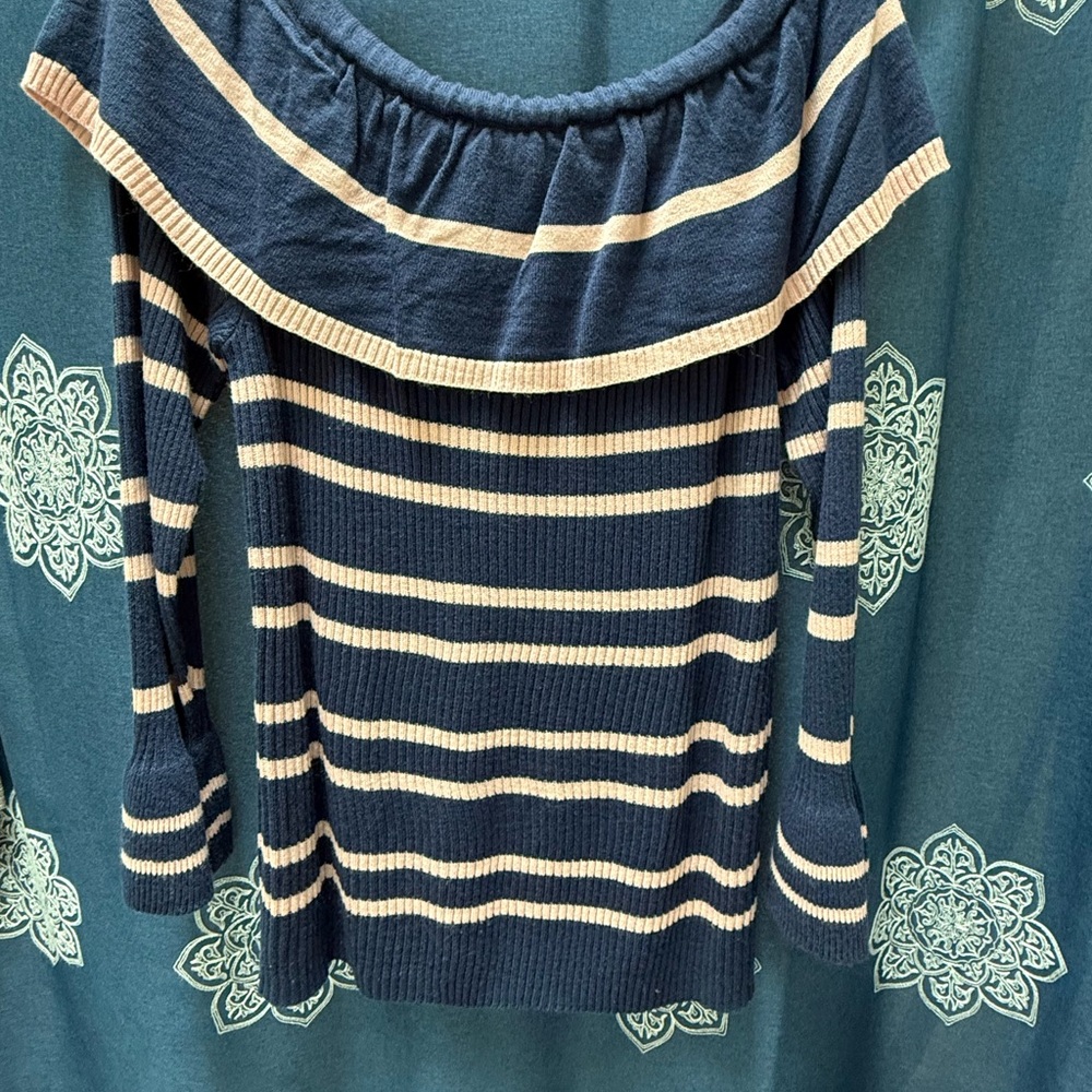 Blue and Cream Off-the-Shoulder Sweater with Nautical Stripes